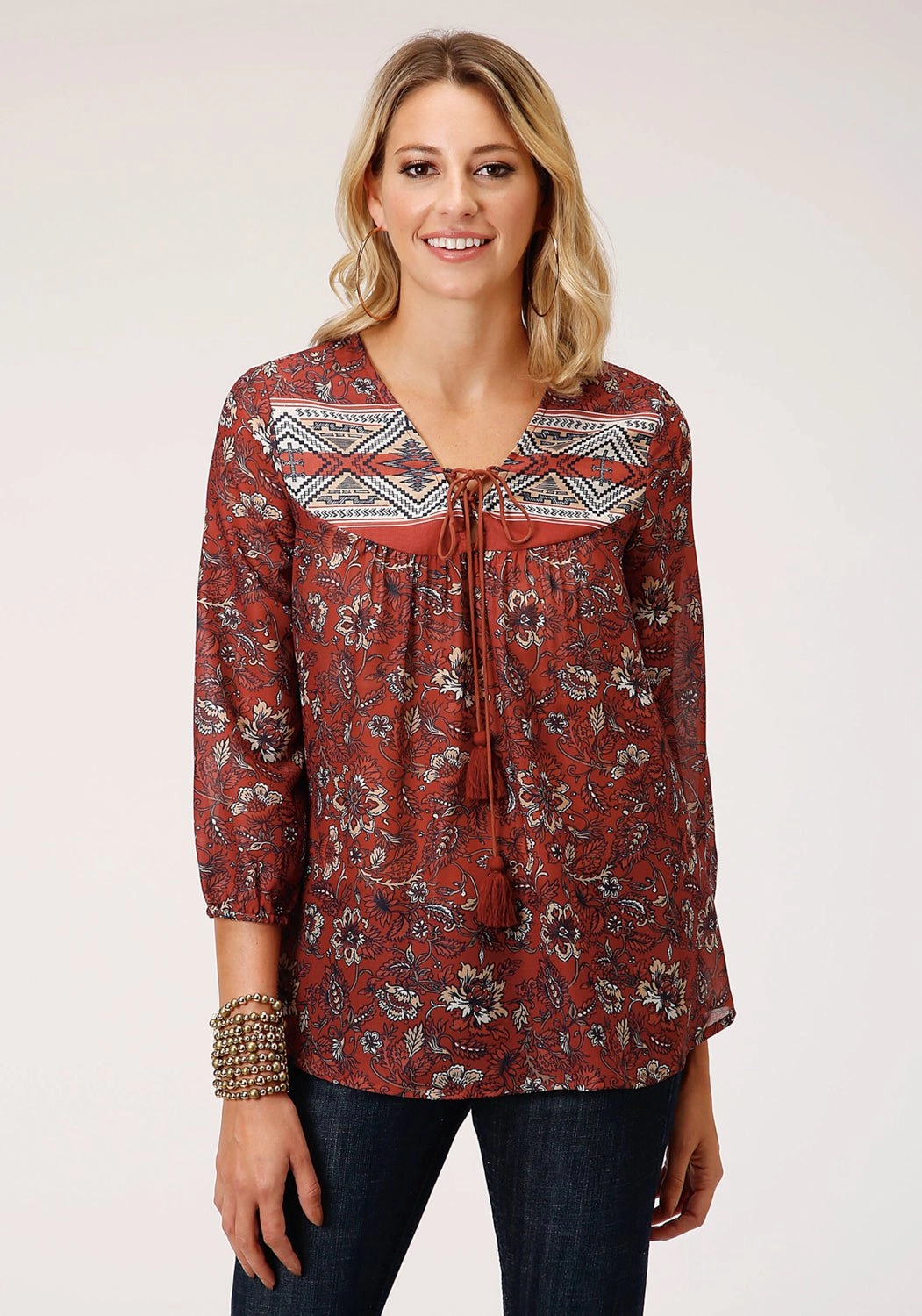 elegant design Cozy Fit Roper Womens Rust Polyester Floral Border 3/4 Sleeve Blouse