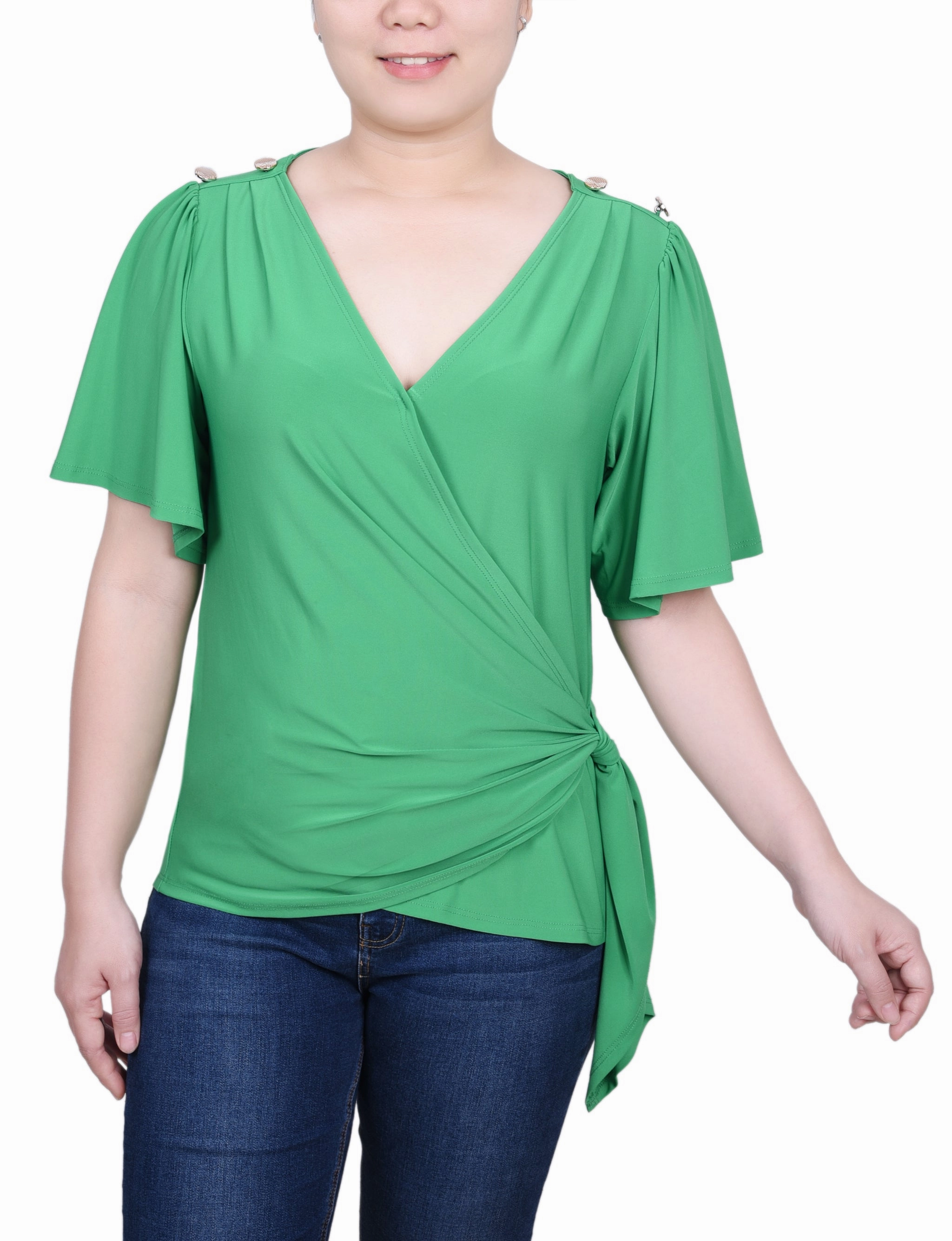 Petite Short Sleeve Wrap Top Chic Tee