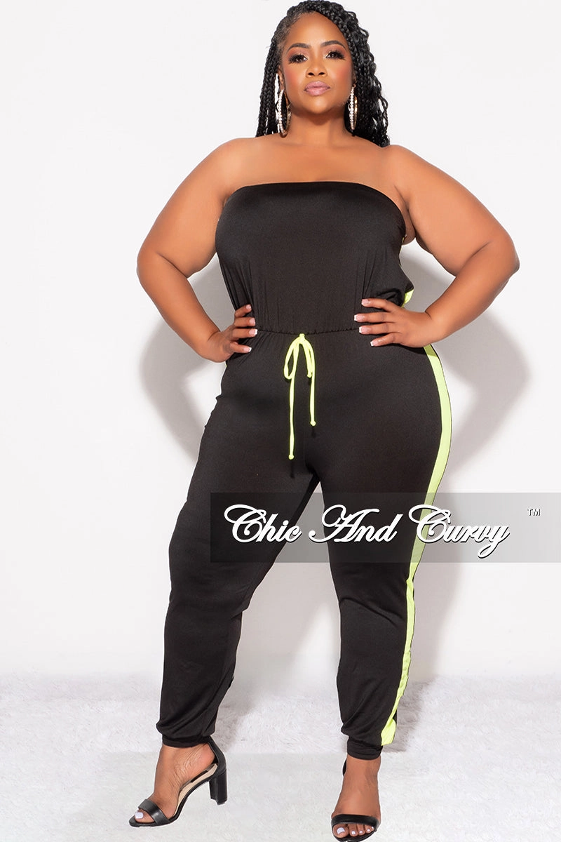 Recyclable Fabric Blend Comfy Movement Final Sale Plus Size Strapless Tube Jumpsuit in Black and Neon Green