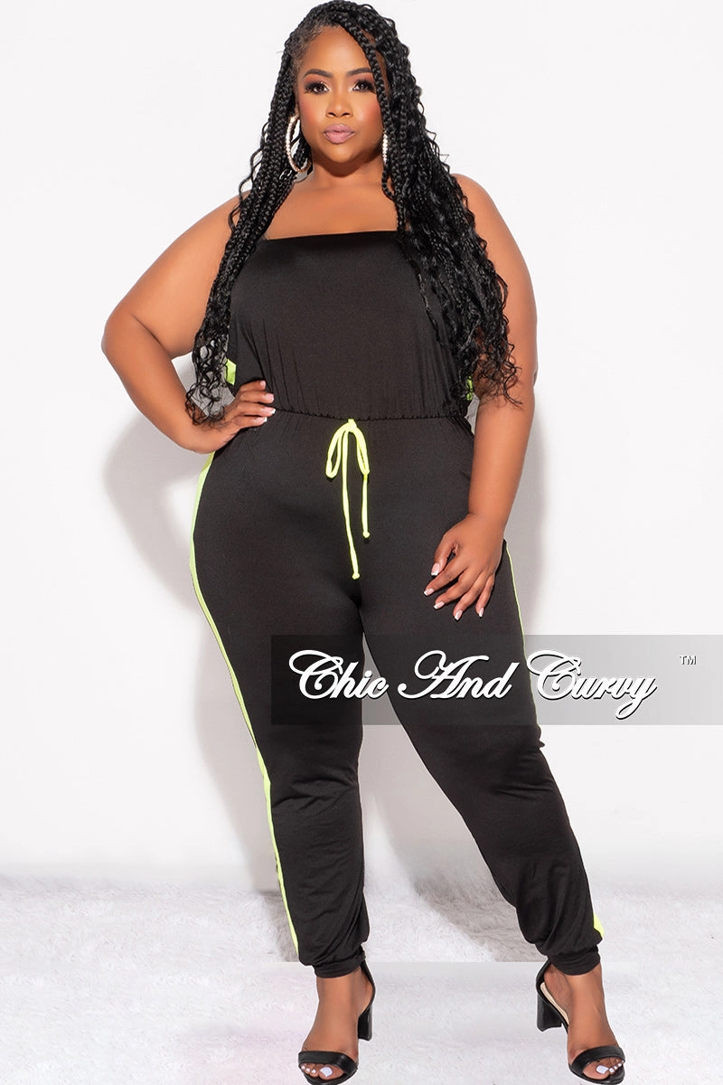 Final Sale Plus Size Strapless Tube Jumpsuit in Black and Neon Green Stretchable Fabric Odor control