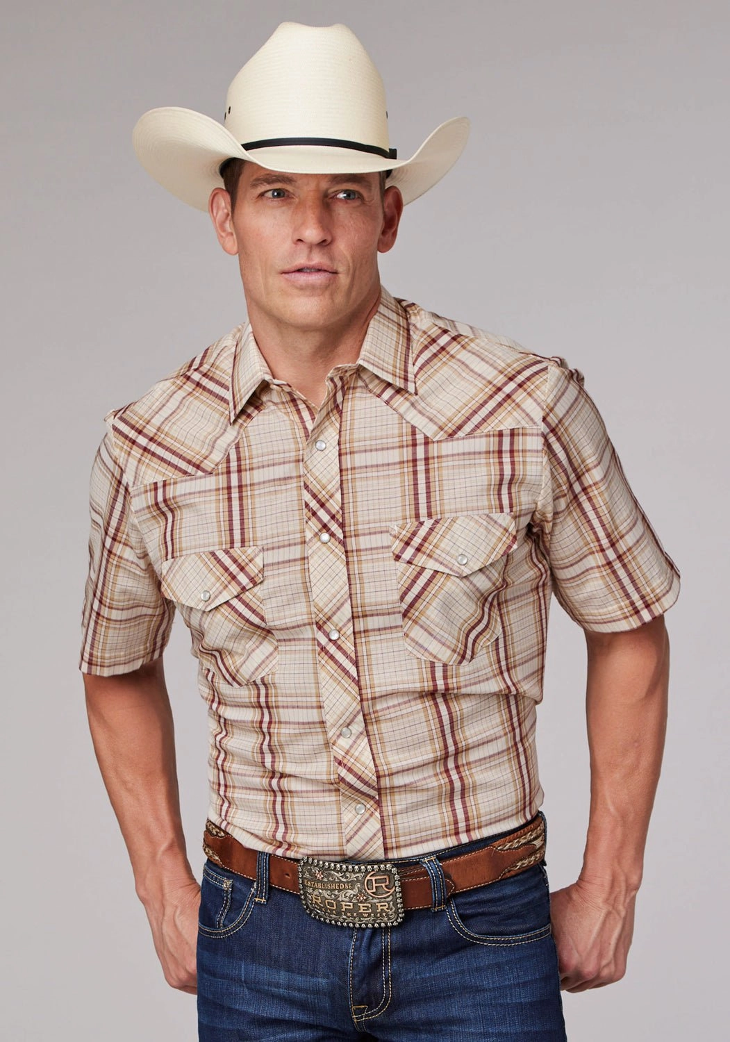 Tear Resistant Reinforcement Contemporary Look Roper Mens 2063 Plaid Tan/Cream Cotton Blend S/S Shirt