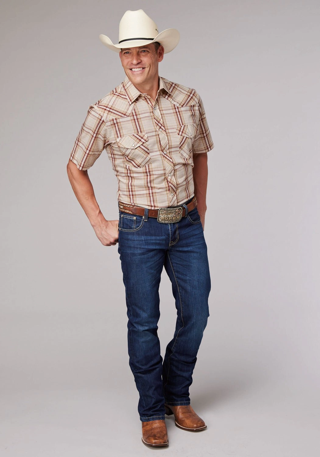 Roper Mens 2063 Plaid Tan/Cream Cotton Blend S/S Shirt Corporate Event