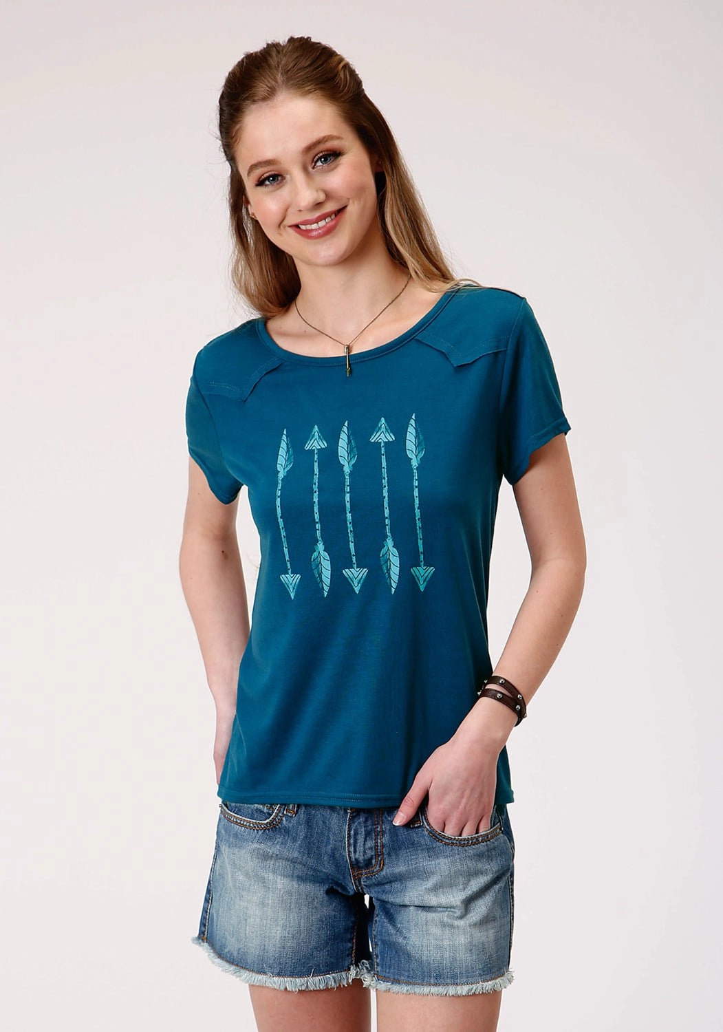BBQ Party high-low hem Roper Womens Navy Poly/Rayon Arrows Swing S/S T-Shirt