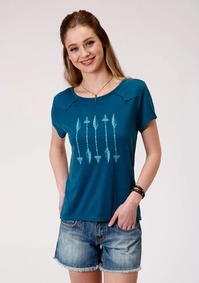 BBQ Party high-low hem Roper Womens Navy Poly/Rayon Arrows Swing S/S T-Shirt