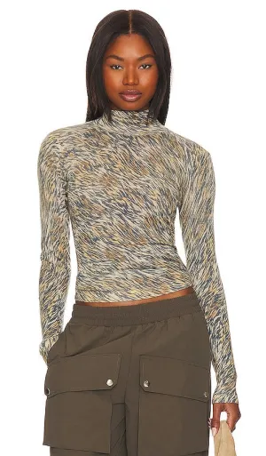 Autumn Cashmere Tiger Print Mock Neck in Beige