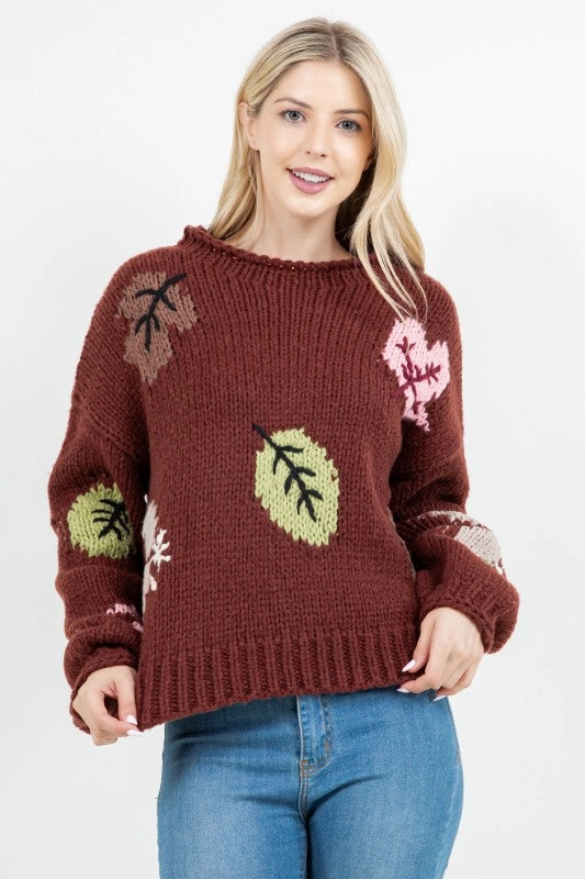 Autumn Leaf Knit Sweater Adjustable Hem Toggles