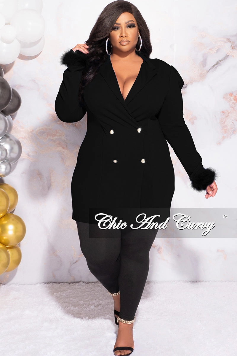 Available Online Only - Final Sale Plus Size Button Blazer Dress with Feather Cuffs in Black Sporty Comfort