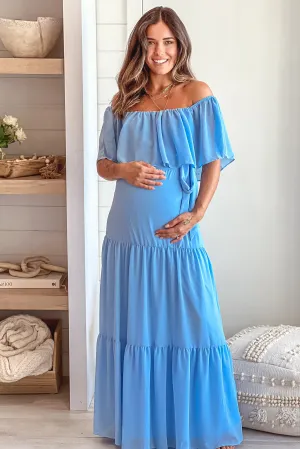 Baby Blue Off Shoulder Maternity Maxi Dress