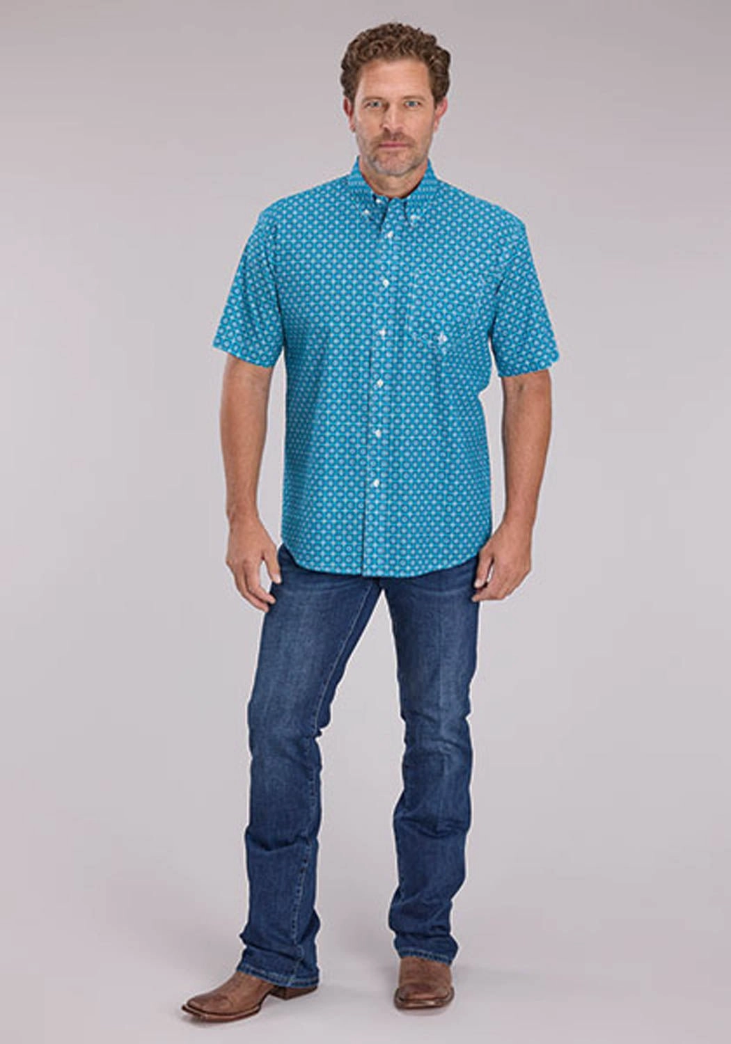 Summer Outfit Roper Mens 2503 Bluebird Foulard Blue 100% Cotton 1 Pkt S/S Shirt