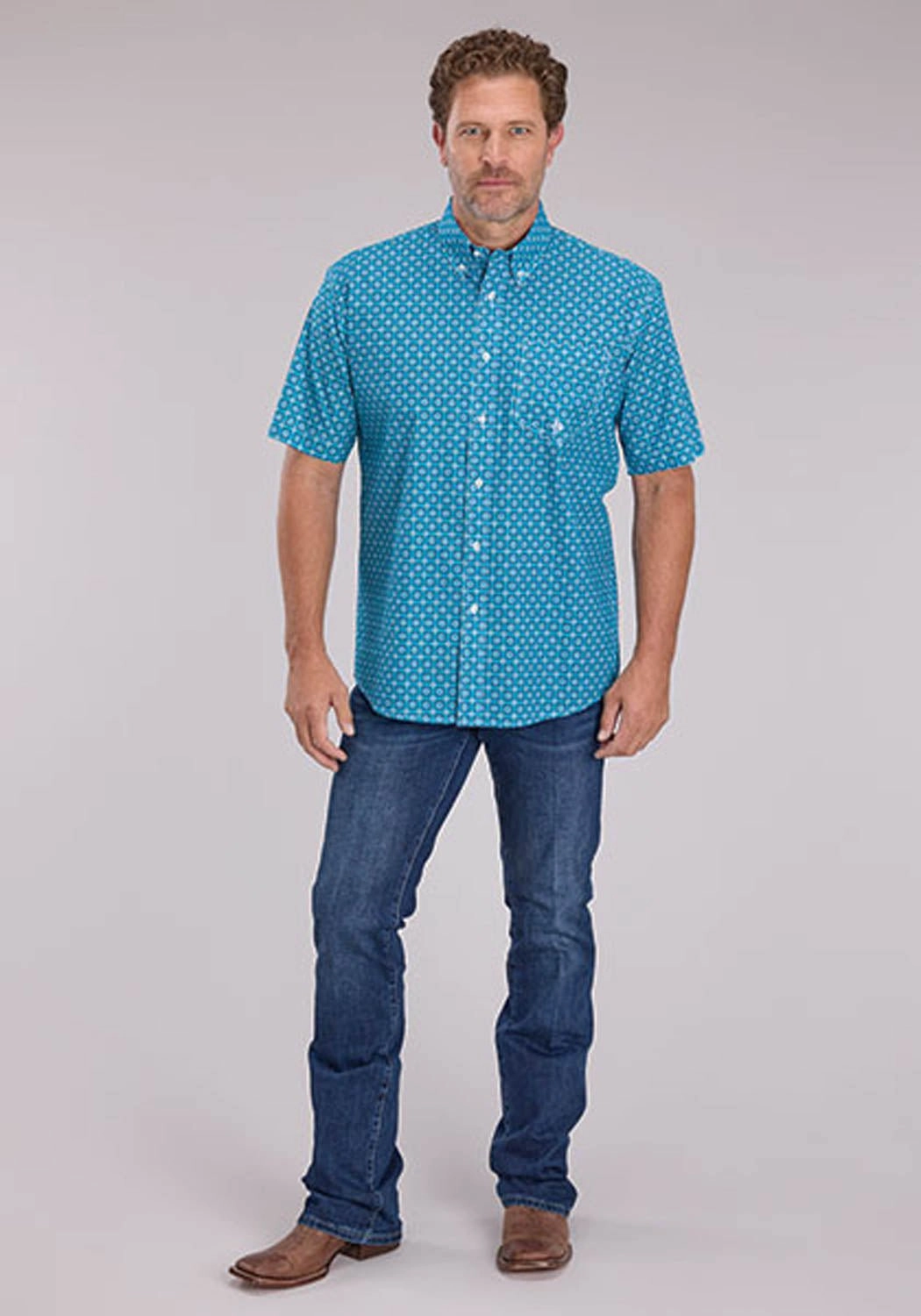 Low Maintenance High-Quality Craftsmanship Roper Mens 2503 Bluebird Foulard Blue 100% Cotton 1 Pkt S/S Shirt