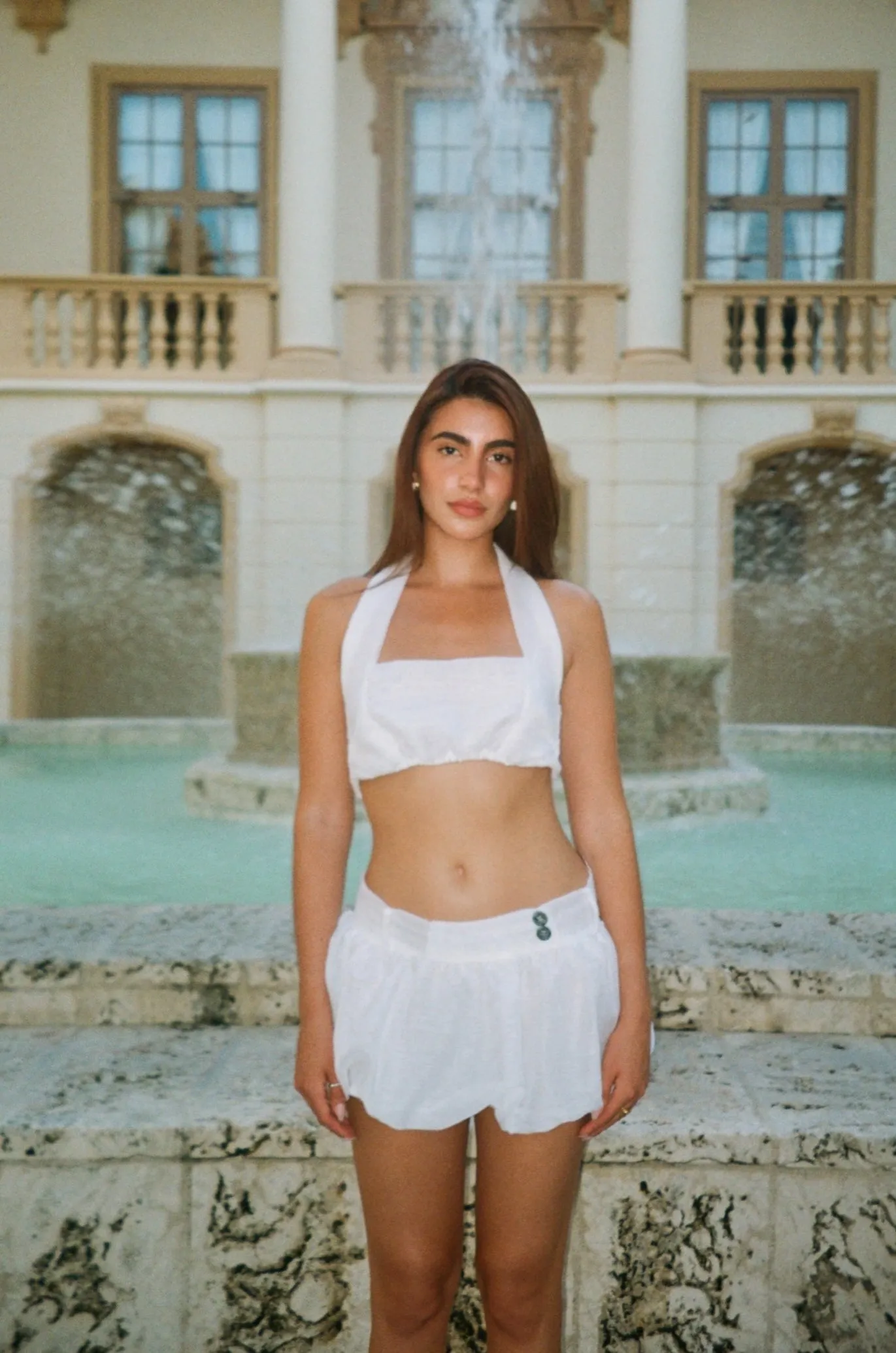 LaserCutVents Layered Look Charlotte Rework Halter Crop Top | White Linen