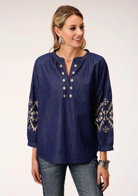 Minimalist Aesthetic All-Day Wear Roper Womens Indigo Denim 100% Cotton Bishop Sleeves S/S Blouse