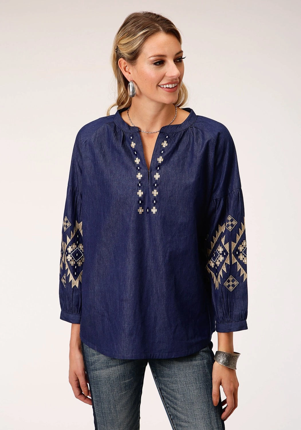 Minimalist Aesthetic All-Day Wear Roper Womens Indigo Denim 100% Cotton Bishop Sleeves S/S Blouse