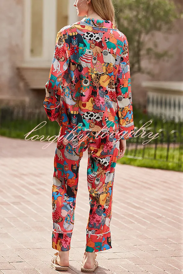 Banquet Cat Print Home Long Sleeved Two-piece Set