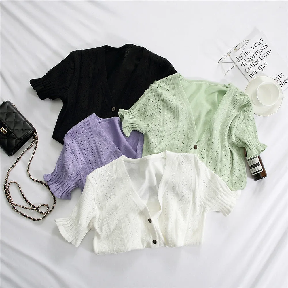 Bare Belly INS Popular cecShort Sleeve Tops Women Summer V-Neck Cardigan See Through Thin Short Sweater Outerwear
