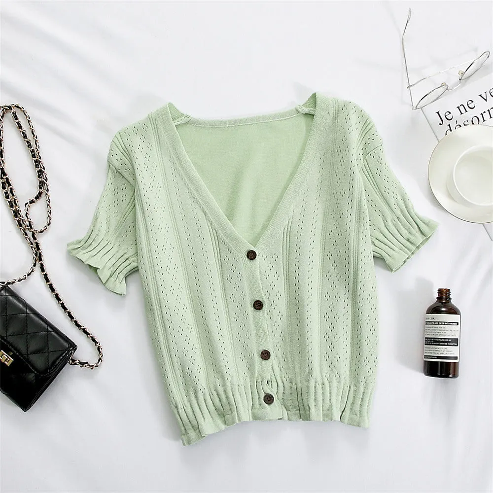 Bare Belly INS Popular cecShort Sleeve Tops Women Summer V-Neck Cardigan See Through Thin Short Sweater Outerwear
