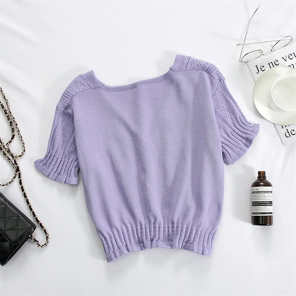 Bare Belly INS Popular cecShort Sleeve Tops Women Summer V-Neck Cardigan See Through Thin Short Sweater Outerwear