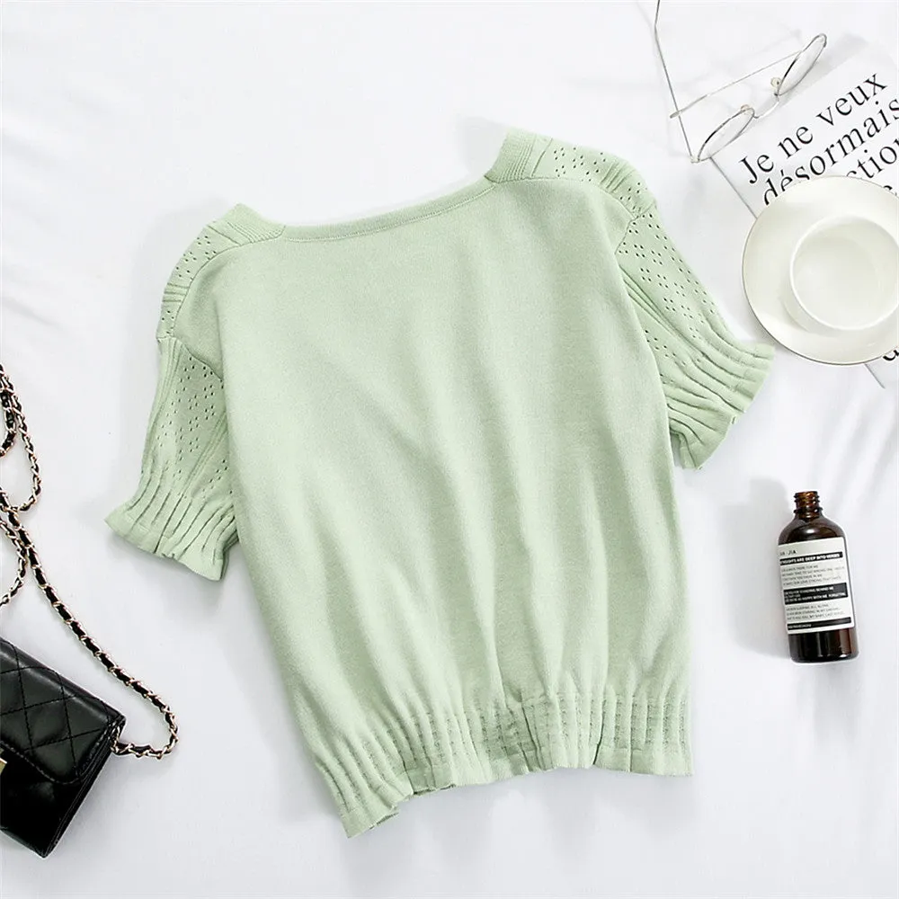 Bare Belly INS Popular cecShort Sleeve Tops Women Summer V-Neck Cardigan See Through Thin Short Sweater Outerwear