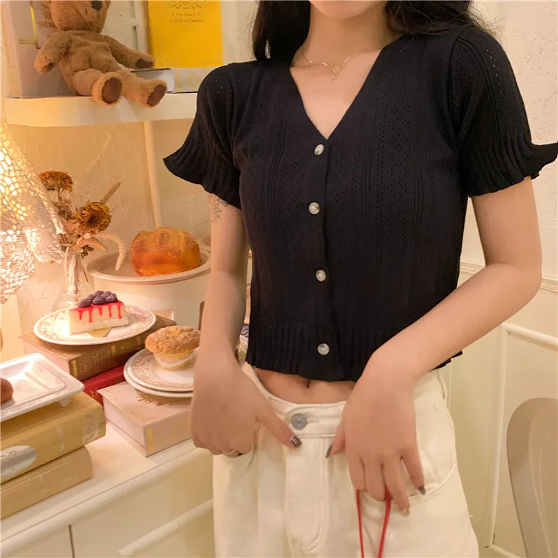 Bare Belly INS Popular cecShort Sleeve Tops Women Summer V-Neck Cardigan See Through Thin Short Sweater Outerwear