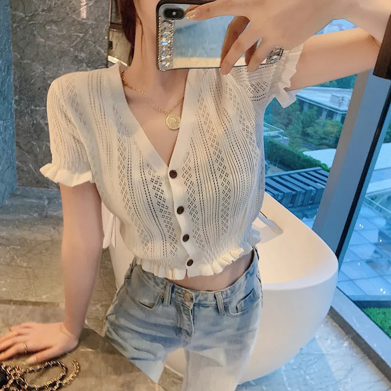 Bare Belly INS Popular cecShort Sleeve Tops Women Summer V-Neck Cardigan See Through Thin Short Sweater Outerwear