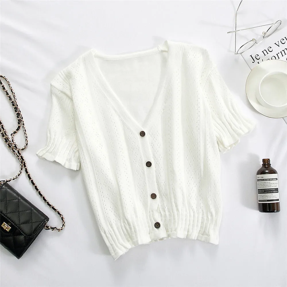Bare Belly INS Popular cecShort Sleeve Tops Women Summer V-Neck Cardigan See Through Thin Short Sweater Outerwear
