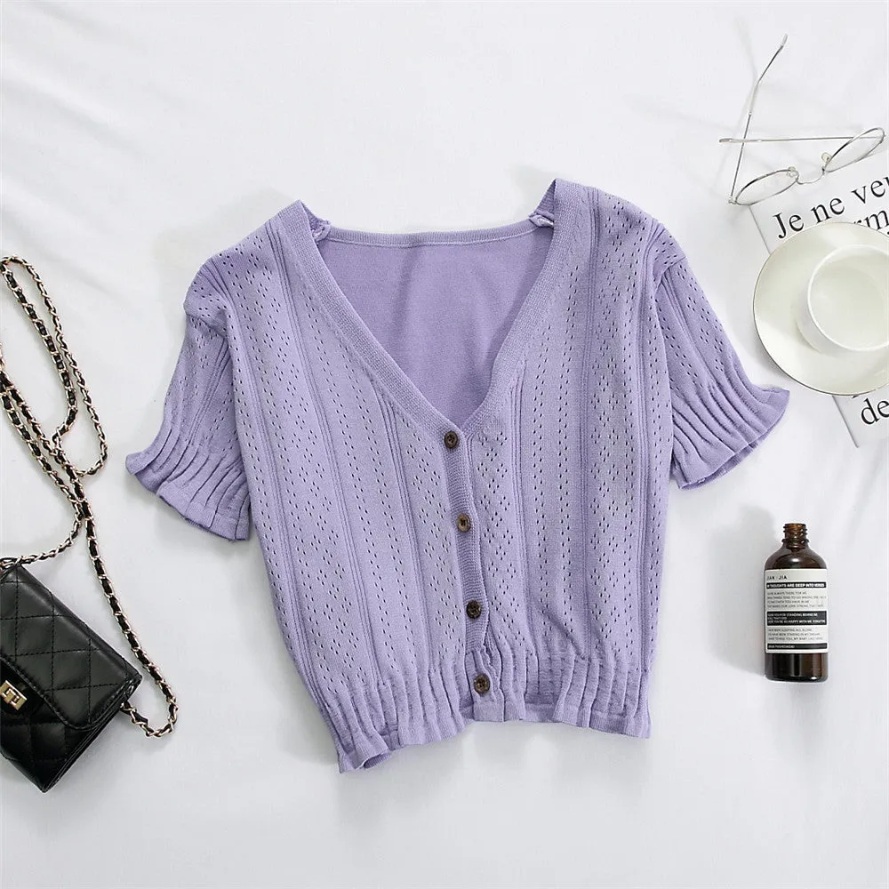 Bare Belly INS Popular cecShort Sleeve Tops Women Summer V-Neck Cardigan See Through Thin Short Sweater Outerwear