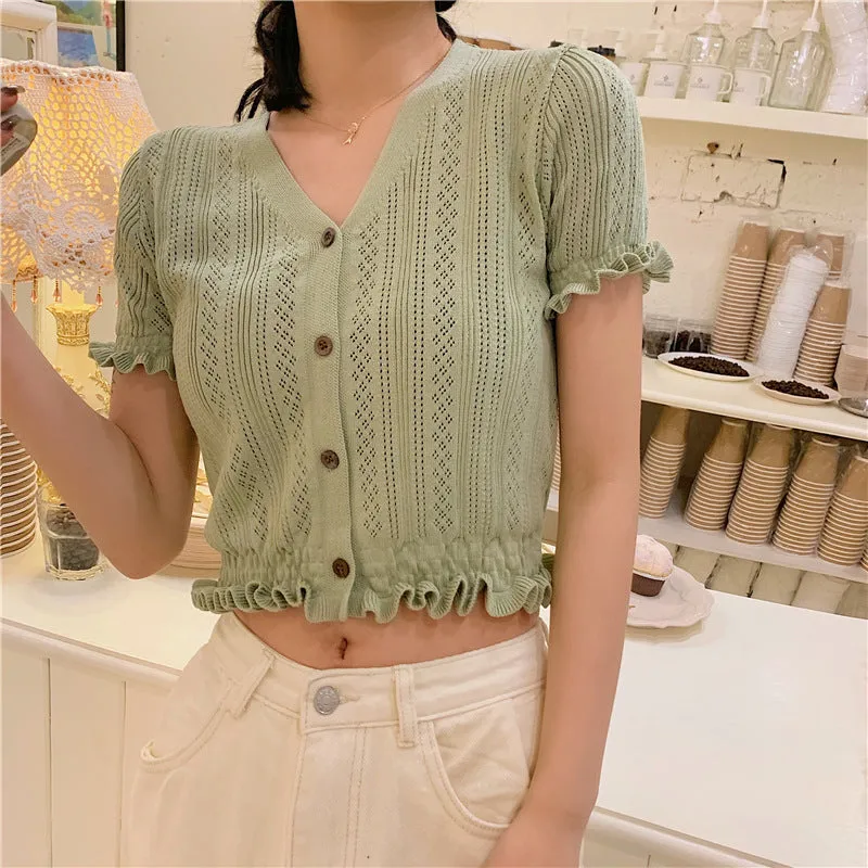 Bare Belly INS Popular cecShort Sleeve Tops Women Summer V-Neck Cardigan See Through Thin Short Sweater Outerwear