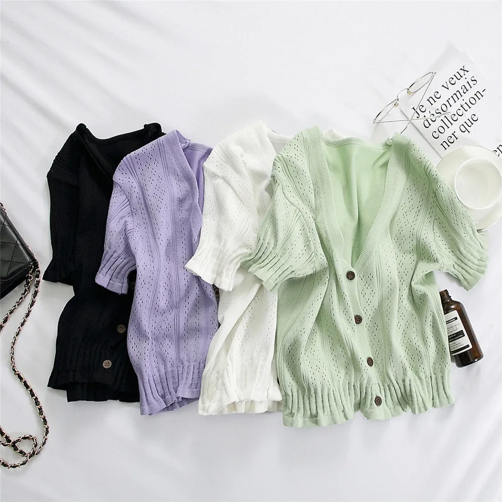Bare Belly INS Popular cecShort Sleeve Tops Women Summer V-Neck Cardigan See Through Thin Short Sweater Outerwear