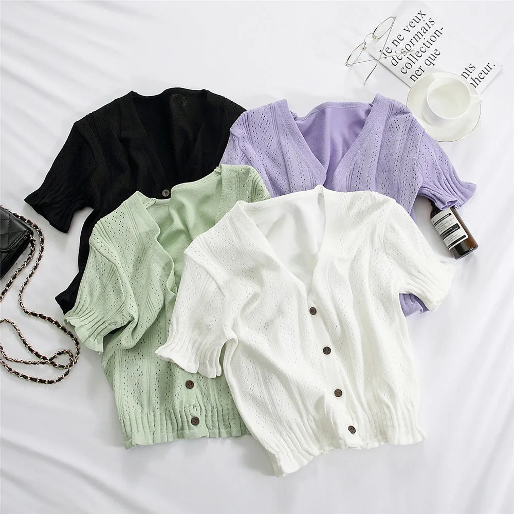 Bare Belly INS Popular cecShort Sleeve Tops Women Summer V-Neck Cardigan See Through Thin Short Sweater Outerwear