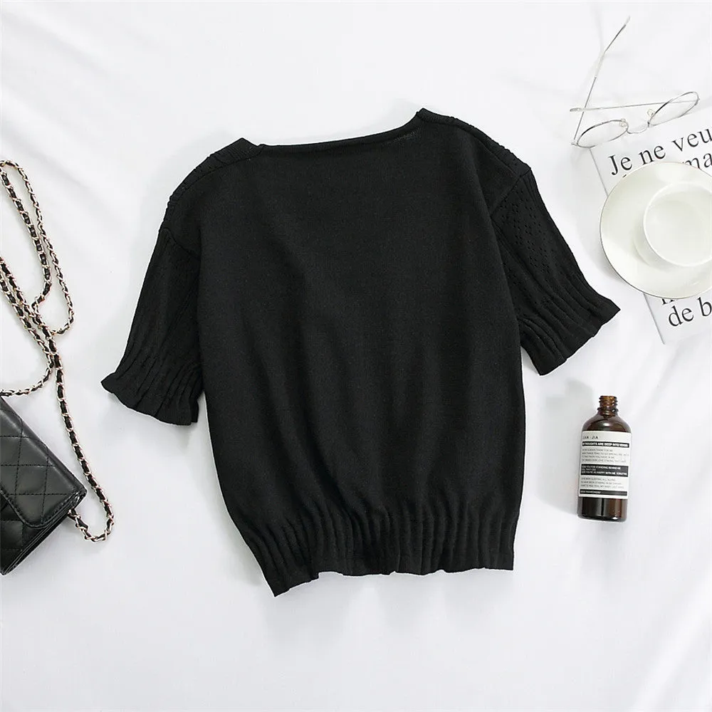 Bare Belly INS Popular cecShort Sleeve Tops Women Summer V-Neck Cardigan See Through Thin Short Sweater Outerwear