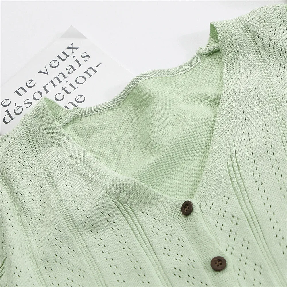 Bare Belly INS Popular cecShort Sleeve Tops Women Summer V-Neck Cardigan See Through Thin Short Sweater Outerwear