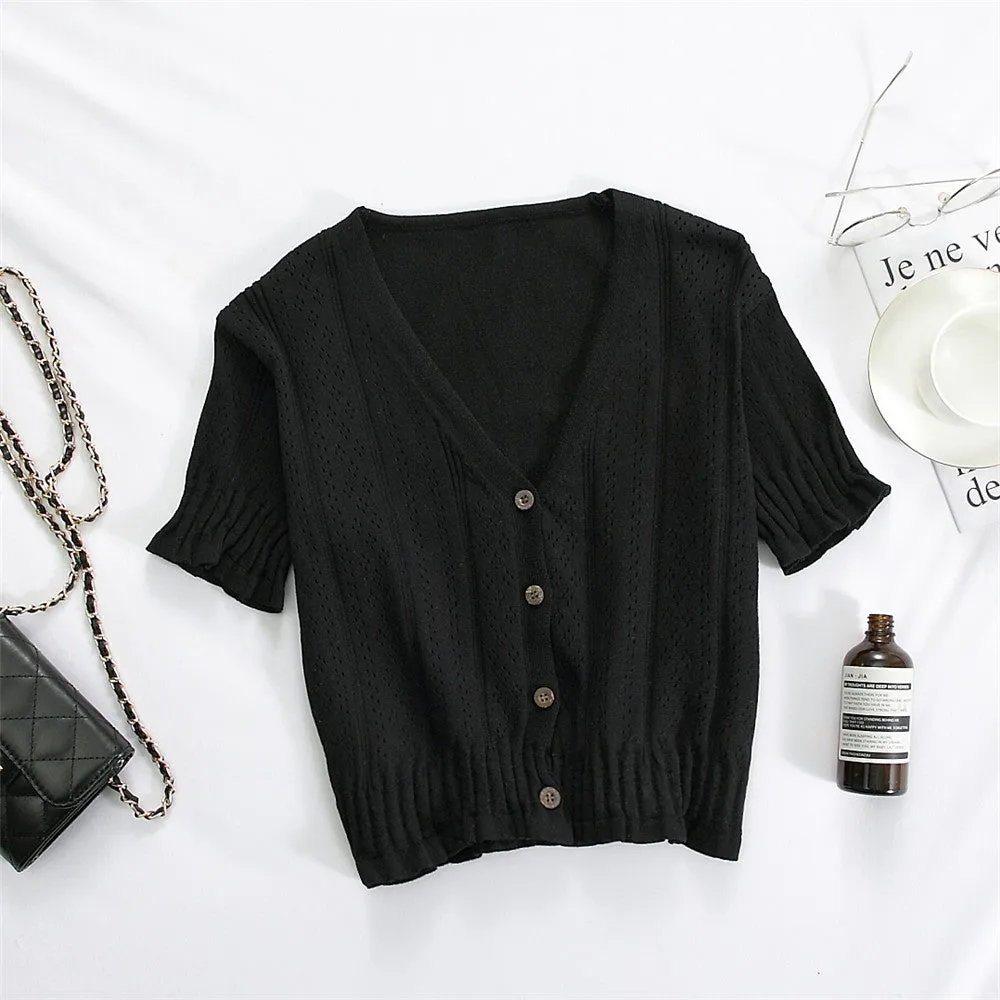 Bare Belly INS Popular cecShort Sleeve Tops Women Summer V-Neck Cardigan See Through Thin Short Sweater Outerwear