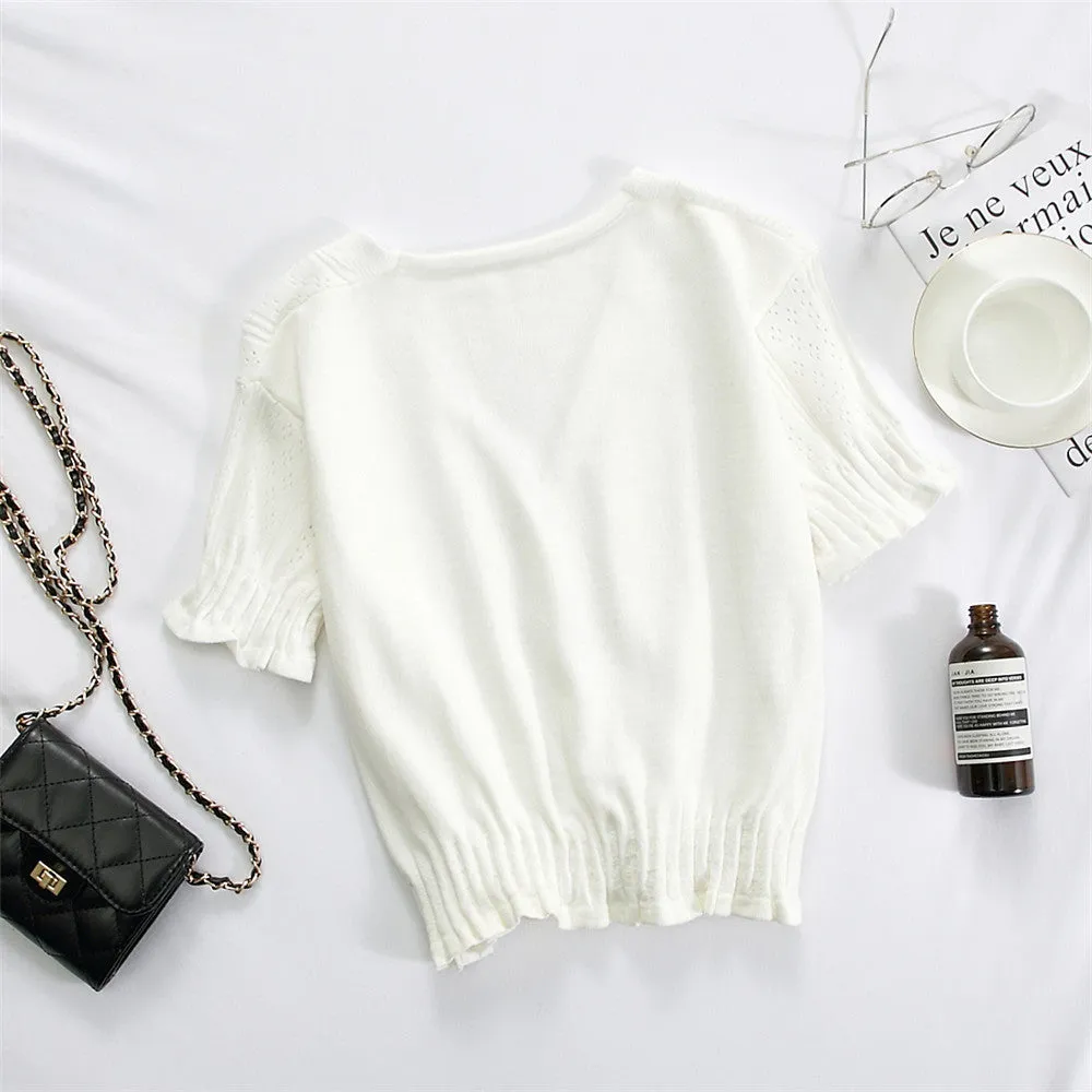 Bare Belly INS Popular cecShort Sleeve Tops Women Summer V-Neck Cardigan See Through Thin Short Sweater Outerwear