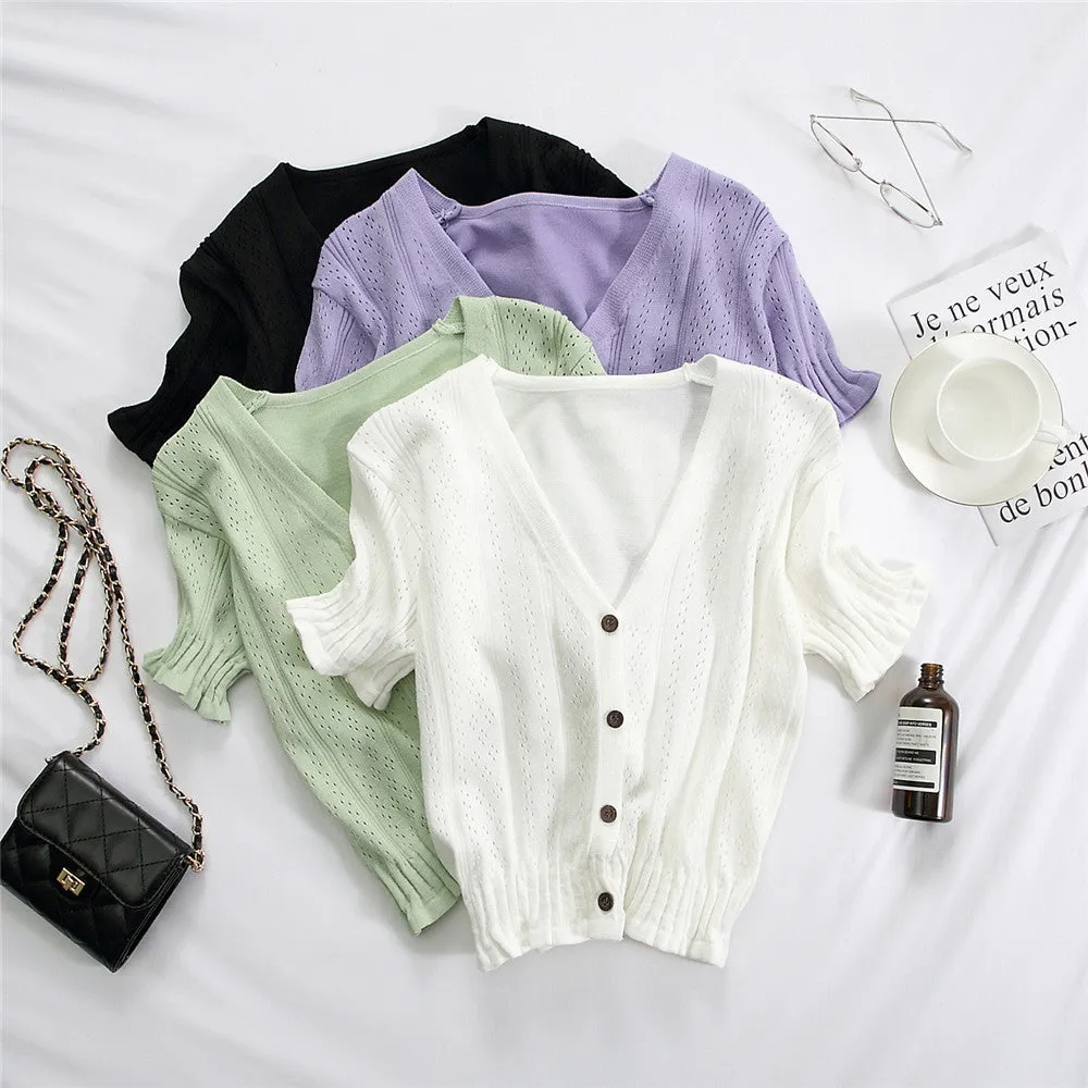 Bare Belly INS Popular cecShort Sleeve Tops Women Summer V-Neck Cardigan See Through Thin Short Sweater Outerwear