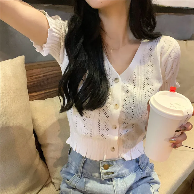 Bare Belly INS Popular cecShort Sleeve Tops Women Summer V-Neck Cardigan See Through Thin Short Sweater Outerwear