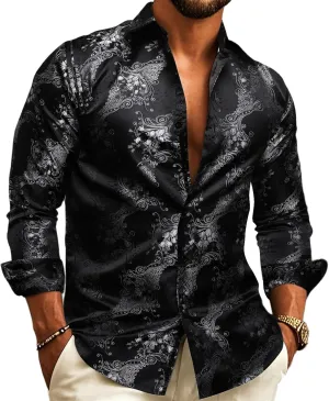 Barry.Wang Mens Western Shirts Silk Paisley Long Sleeve Button Down Dress Shirt Designer Mexico Cowboy Shirt Party Casual