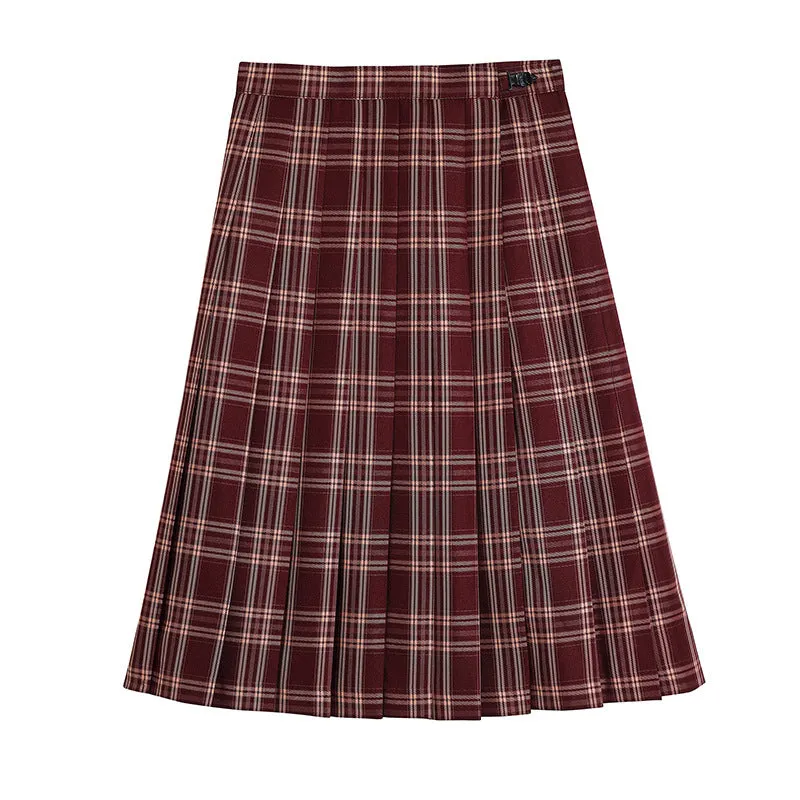 Basic Uniform Skirt Red Chequered Japanese College Uniform A-Line Mid-Length Pleated Skirt