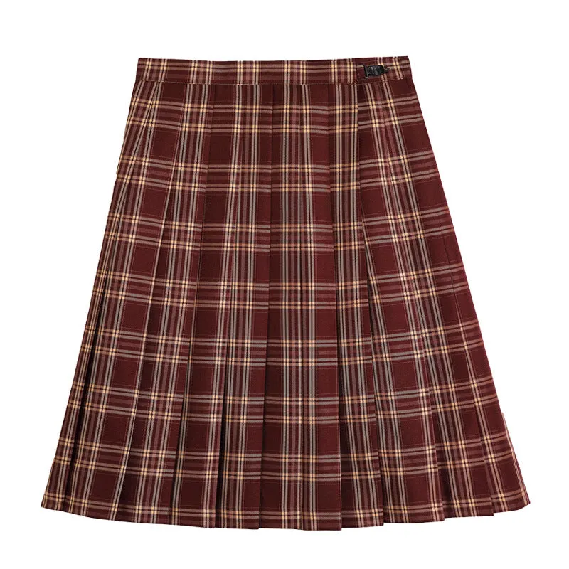 Basic Uniform Skirt Red Chequered Japanese College Uniform A-Line Mid-Length Pleated Skirt