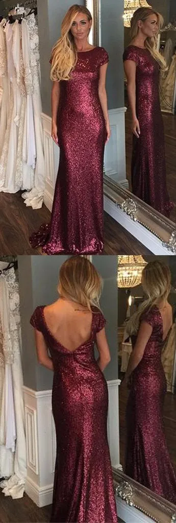 Bateau Neck Cap Sleeve Burgundy Sequin Sheath Maxi Bridesmaid Dresses