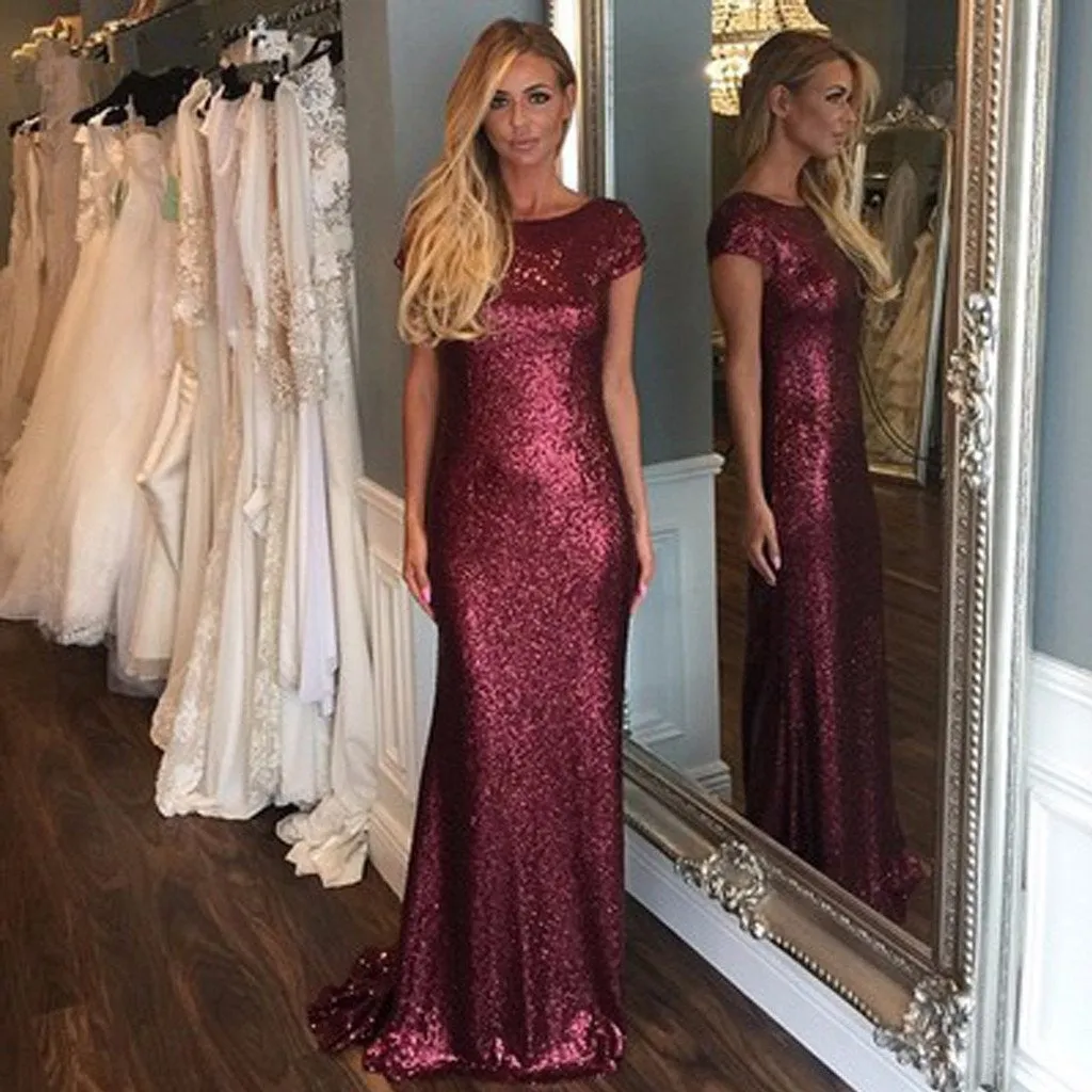 Bateau Neck Cap Sleeve Burgundy Sequin Sheath Maxi Bridesmaid Dresses