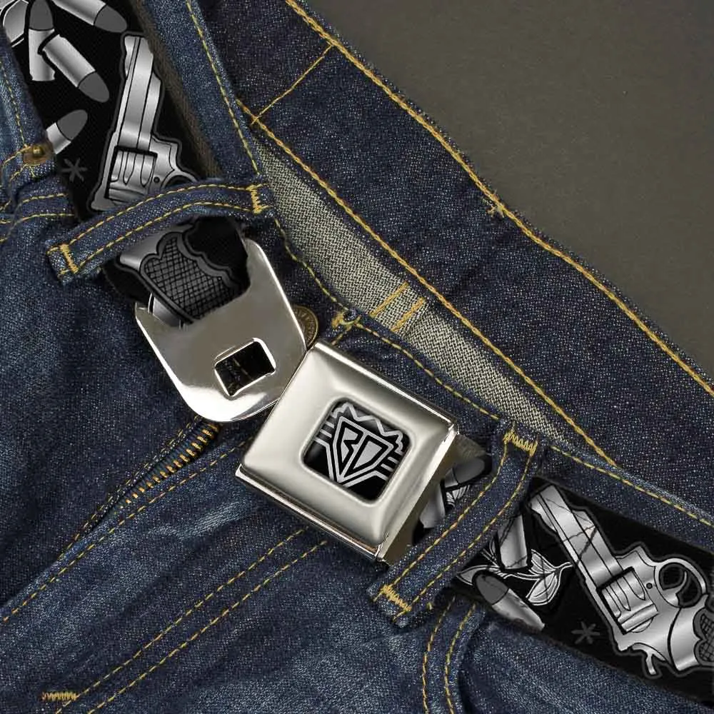 BD Wings Logo CLOSE-UP Full Color Black Silver Seatbelt Belt - Born to Raise Hell Black/White Webbing