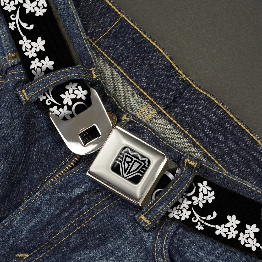 BD Wings Logo CLOSE-UP Full Color Black Silver Seatbelt Belt - Butterfly Garden2 Black/White Webbing