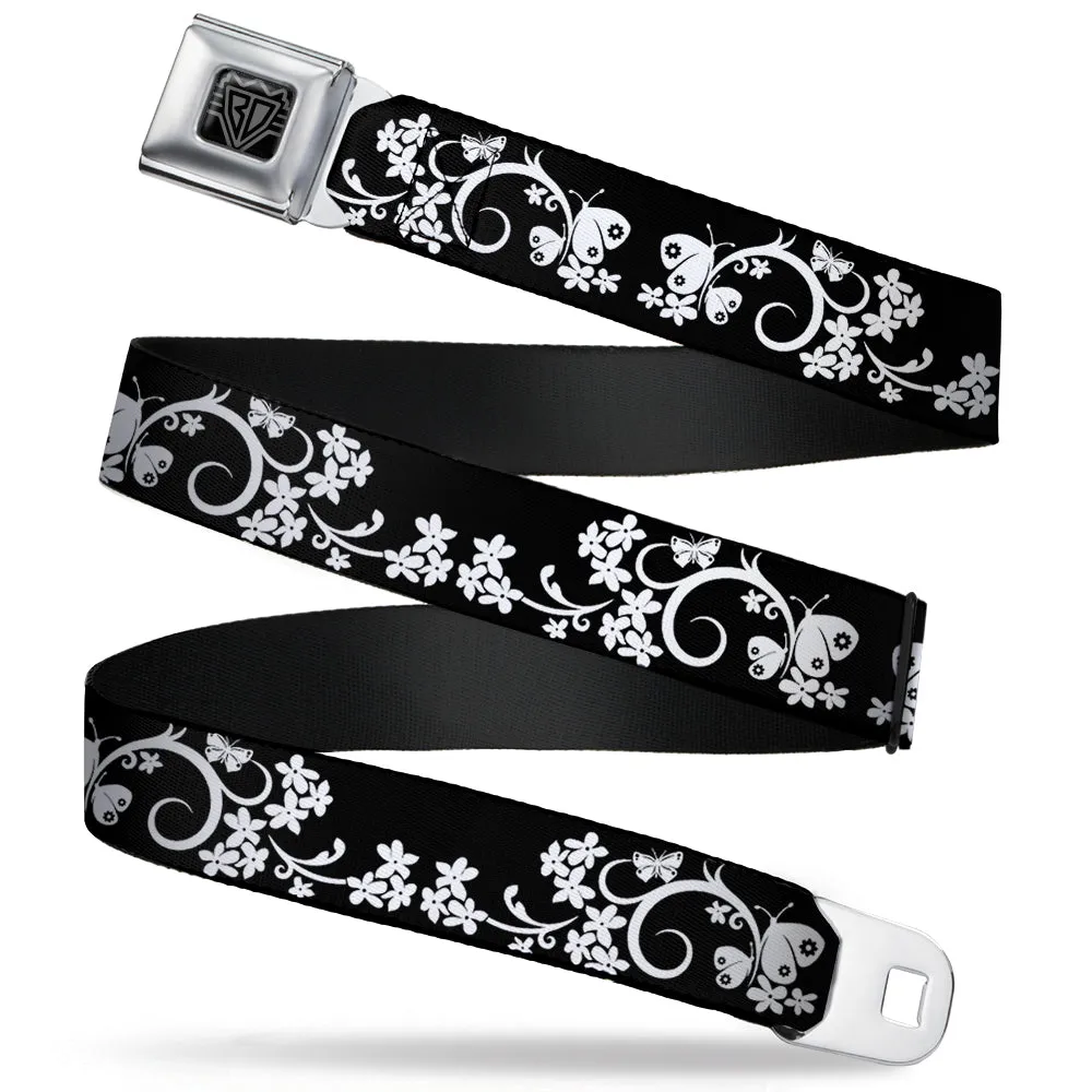 BD Wings Logo CLOSE-UP Full Color Black Silver Seatbelt Belt - Butterfly Garden2 Black/White Webbing