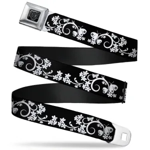 BD Wings Logo CLOSE-UP Full Color Black Silver Seatbelt Belt - Butterfly Garden2 Black/White Webbing