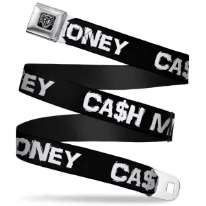 BD Wings Logo CLOSE-UP Full Color Black Silver Seatbelt Belt - CA$H MONEY Black/White Webbing