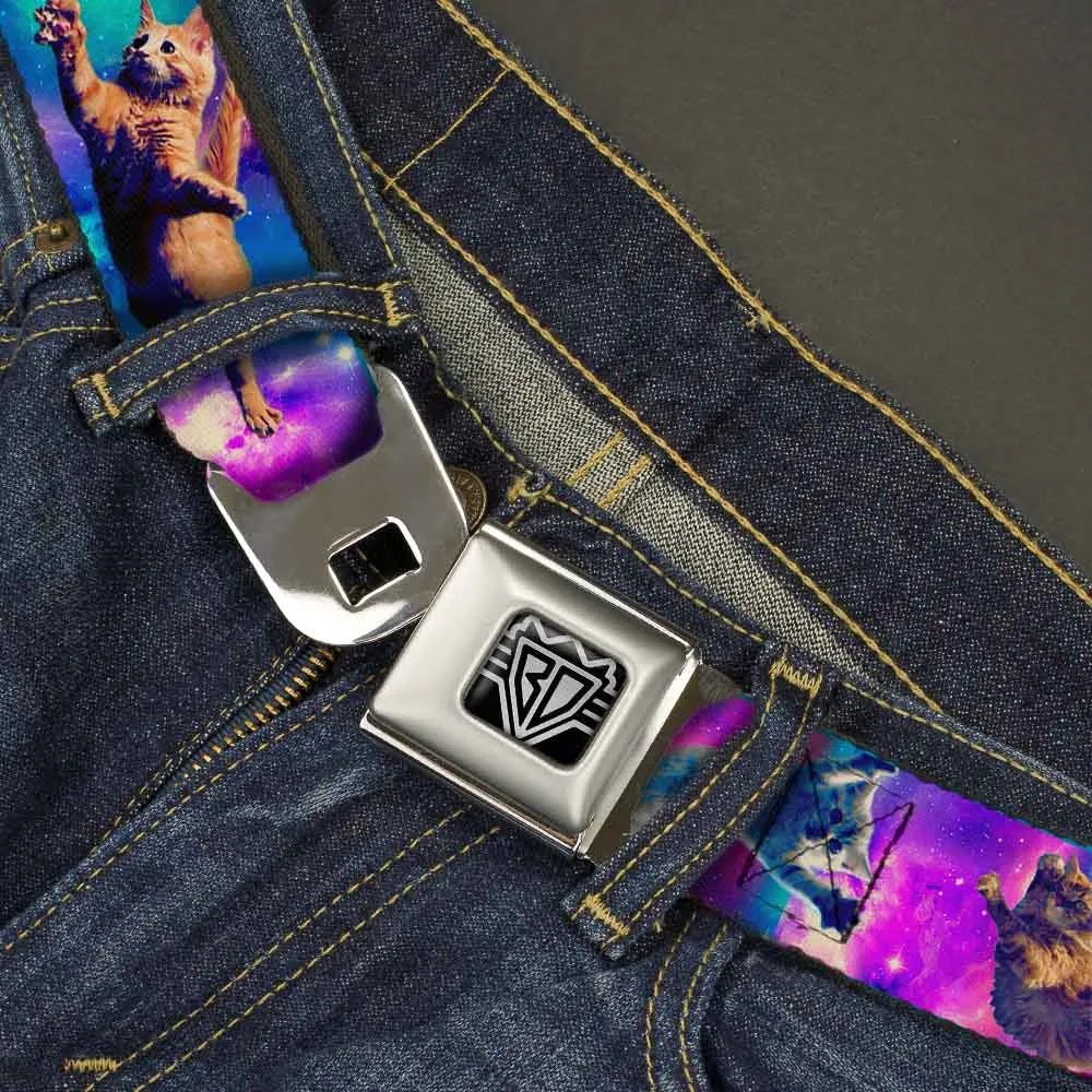 BD Wings Logo CLOSE-UP Full Color Black Silver Seatbelt Belt - Cats in Space Pinks/Blues Webbing