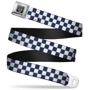 BD Wings Logo CLOSE-UP Full Color Black Silver Seatbelt Belt - Checker Sapphire Blue/White Webbing