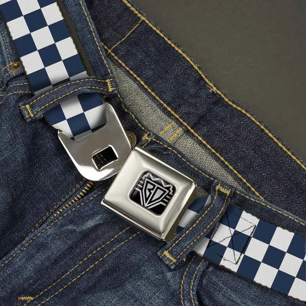 BD Wings Logo CLOSE-UP Full Color Black Silver Seatbelt Belt - Checker Sapphire Blue/White Webbing