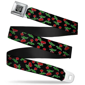 BD Wings Logo CLOSE-UP Full Color Black Silver Seatbelt Belt - Cherries Scattered Black Webbing