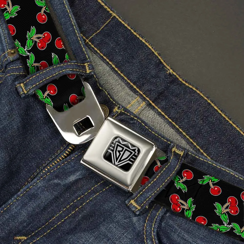 BD Wings Logo CLOSE-UP Full Color Black Silver Seatbelt Belt - Cherries Scattered Black Webbing